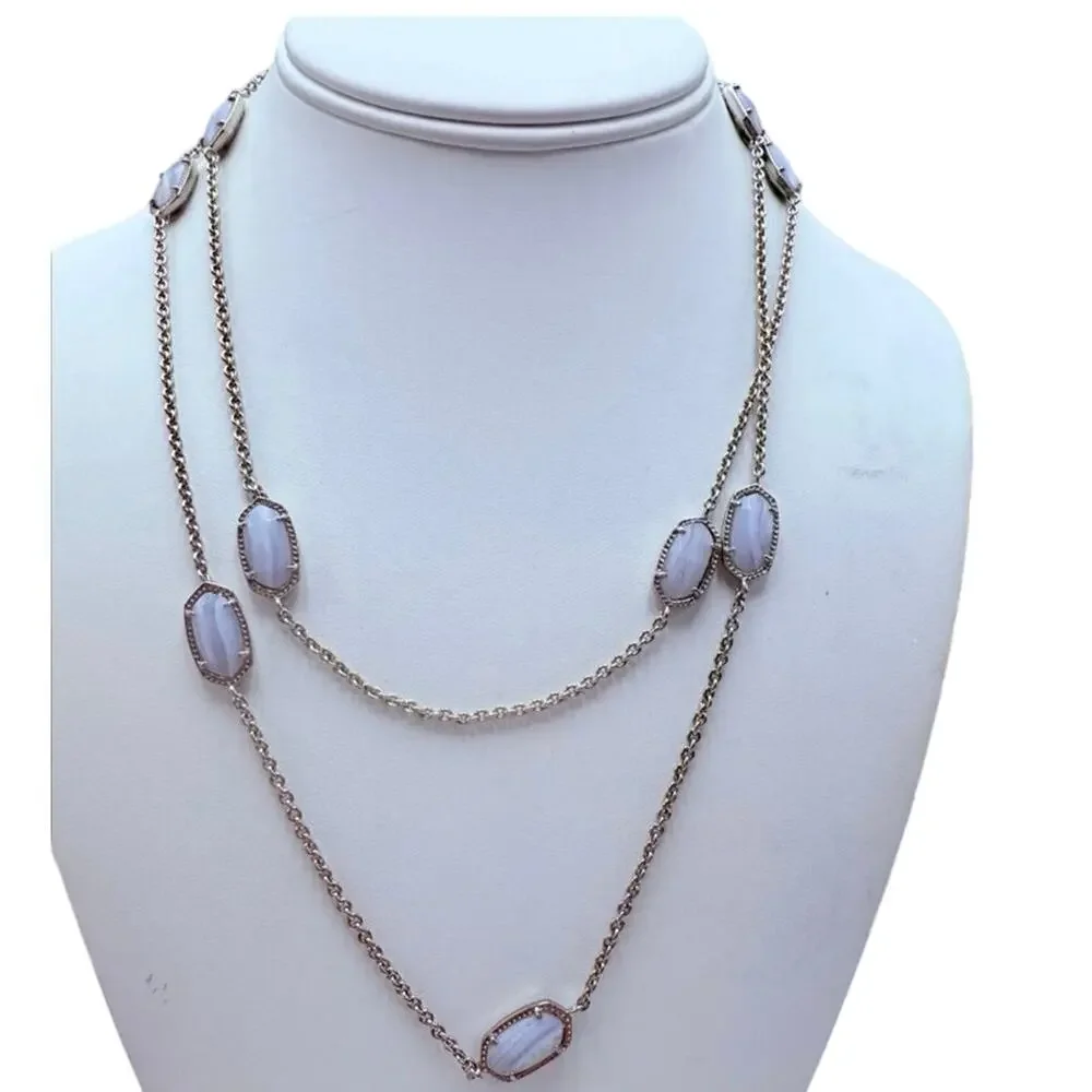 Kendra Scott Kellie Long Station Blue Lace Agate‎ Stones Silver Plate Necklace
